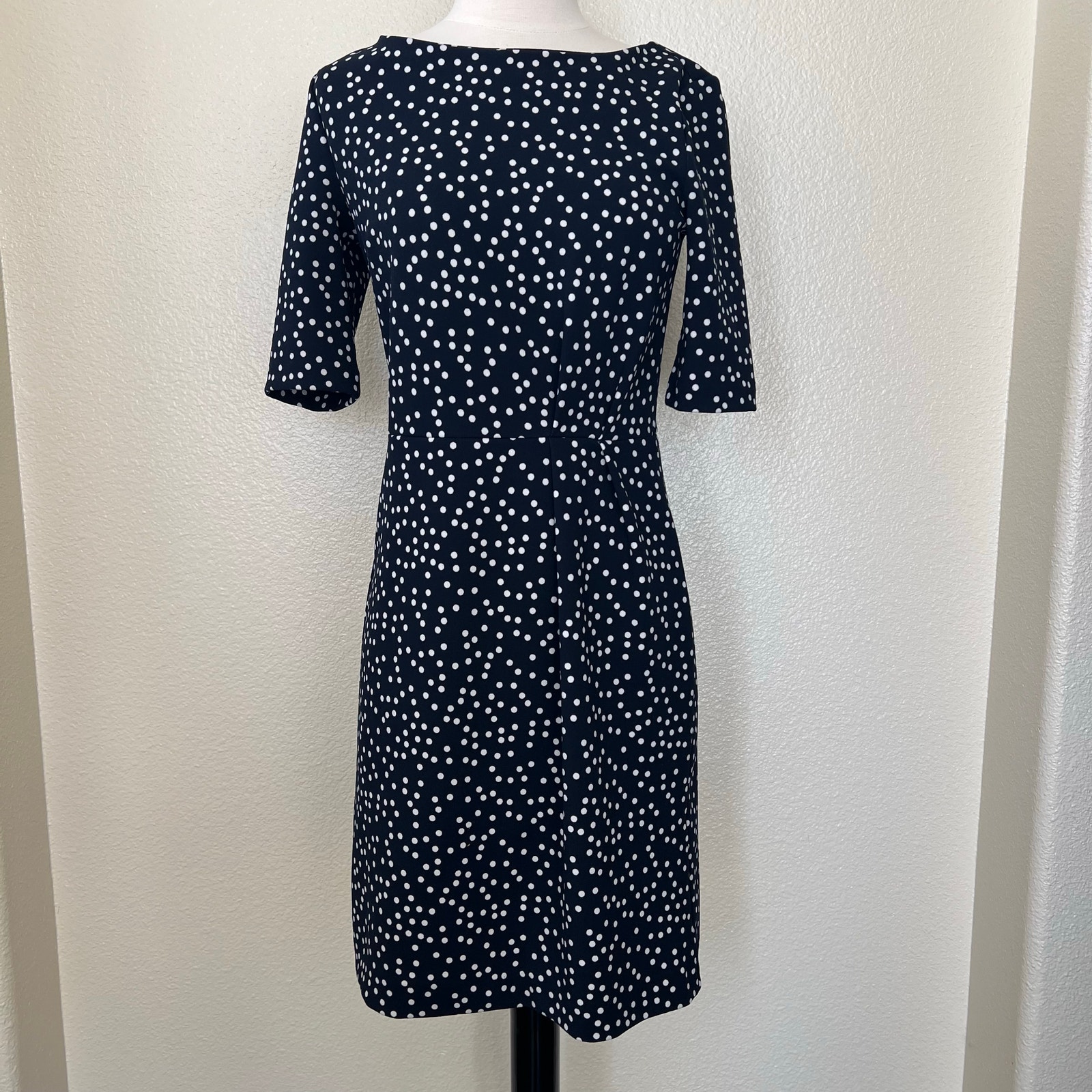 Banana Republic Factory Polka Dot Print Pleated Waist Sheath Dress Navy Blue
